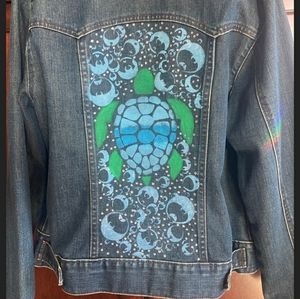 GAP Blue & Green Denim Jean Jacket with Sea Turtle Back Art